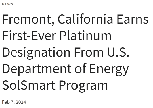 SolSmart Platinum designation for the City of Fremont